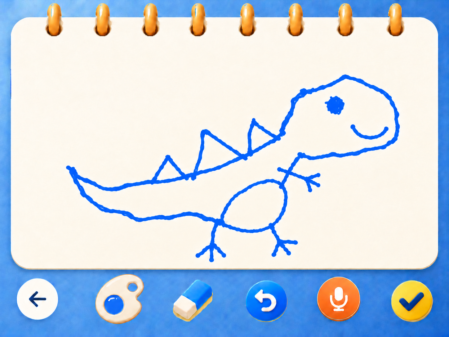 Hand-drawn blue dinosaur in the drawing interface