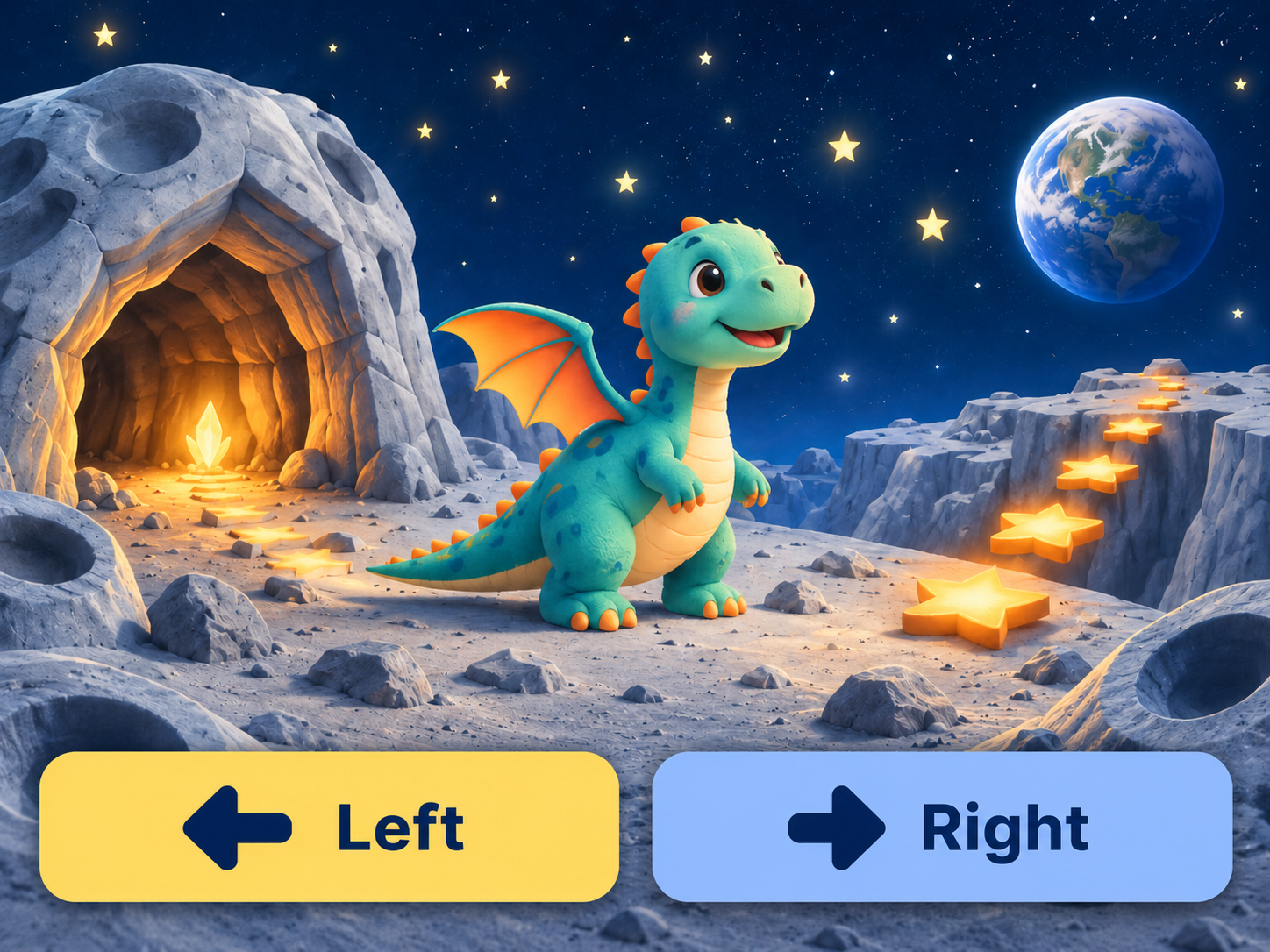 Interactive moon adventure with a dragon and Left and Right story choices