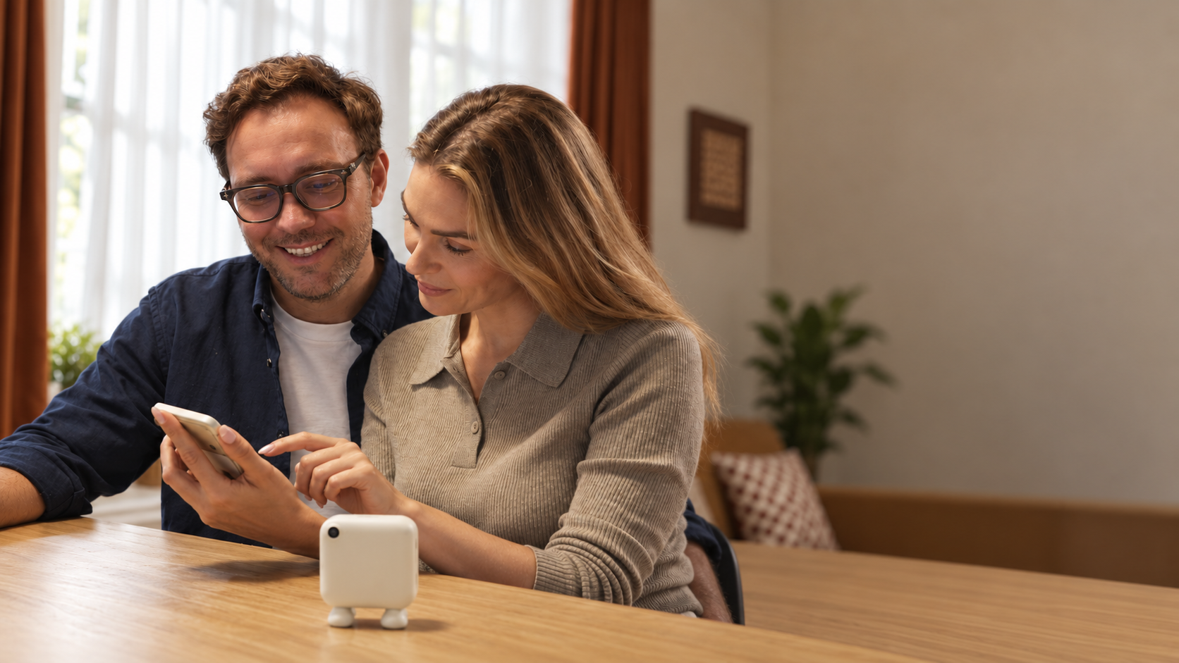 Parents creating together on a phone, with Puddibear on the table