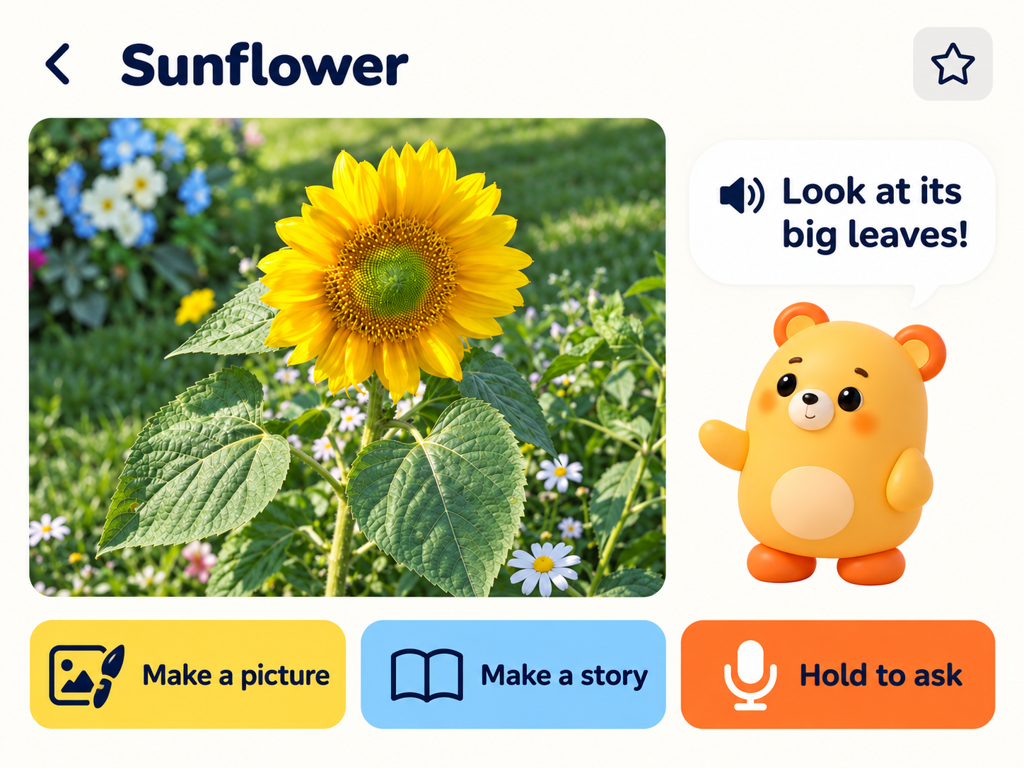 Sunflower knowledge screen with options to make a picture, make a story or ask a question